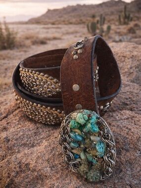 Tiffany Lee Designs OOAK Y2K Turquoise Buckle Leather Belt Boho